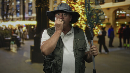 Man fisherman in hat and green vest holds a landing net and brings hand to mouth as if whistling on...