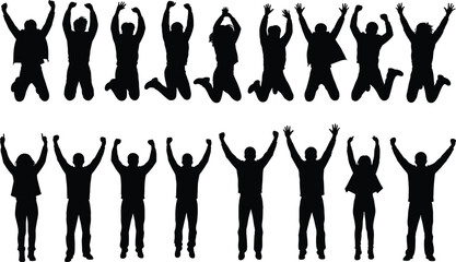 Jumping people silhouettes set celebrating success victory happiness teamwork freedom lifestyle vector illustration isolated on white background