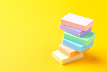 Stack of colorful blocks on yellow background for business concept  office supplies and organization tools