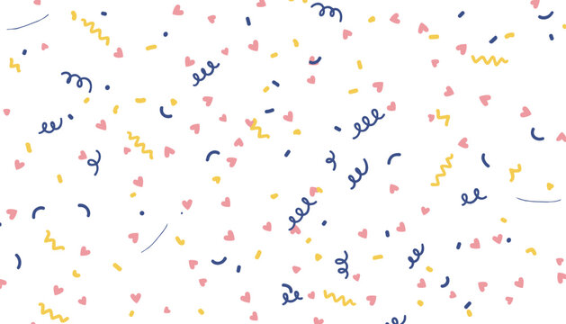 Cute abstract seamless pattern with hearts confetti doodles colorful hand drawn vector background