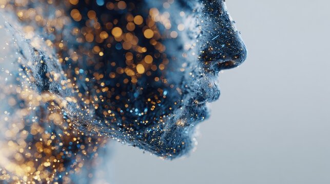 Abstract human face profile formed from particles and glowing light