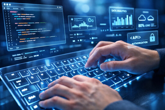 Hands typing on a glowing blue keyboard with holographic screens displaying code, data analytics, and cloud computing interfaces.