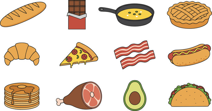 Cute cartoon food icons set with bread chocolate eggs pie croissant pizza bacon hotdog and more vector