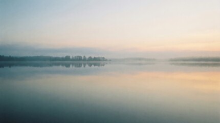 Misty Lake Sunrise Over Forest Silhouette Calm Water Reflection Serene Landscape