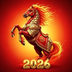 Fototapeta premium Red fire horse 2026 majestic fiery animal illustration on warm red background