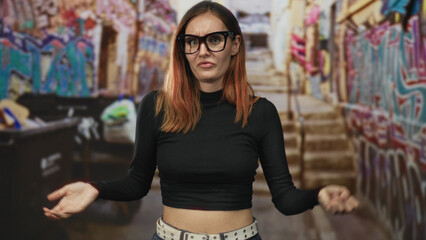 Woman redhead wearing glasses revealing midriff, arms crossed then shrugging with expressive hands...