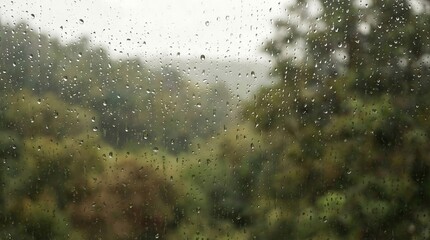 Raindrops on Window Glass With Blurred Green Trees and Overcast Sky Background