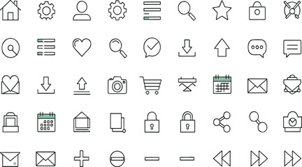 Fototapeta premium Print Essential Web and Mobile App UI Line Icon Set Featuring Navigation Settings User Interface and Connectivity Symbols with Green Accents