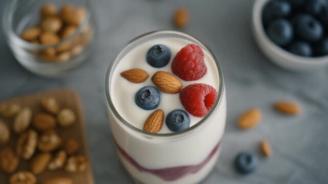 A refreshing yogurt parfait with fresh berries and almonds, a delicious and healthy treat. The parfait layered with blueberries, raspberries and almonds