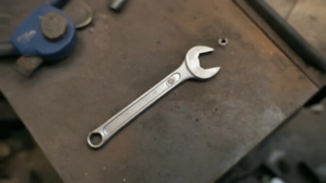 A wrench is lying on a worn metal surface next to a small nut, with a partially visible tool in the background