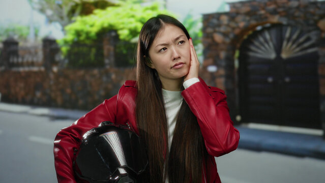 Woman in red jacket holding helmet on urban street appears thoughtful with serious expression against blurred city backdrop with stone wall and gate.