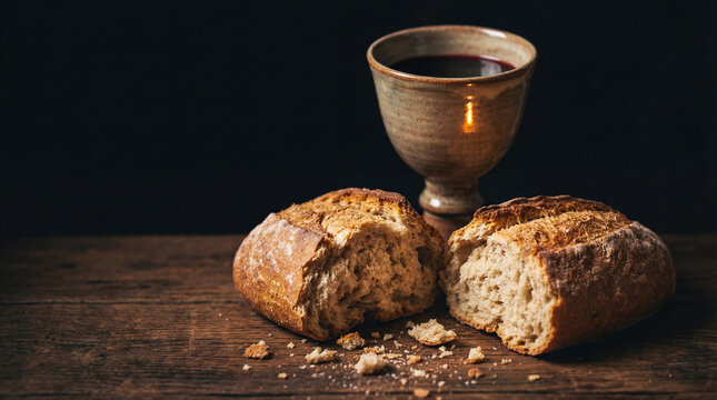 Broken bread and a chalice of red wine on a wooden table against a dark background, symbolizing the Holy Communion, Eucharist, and the Last Supper of Jesus Christ in the Christian faith.