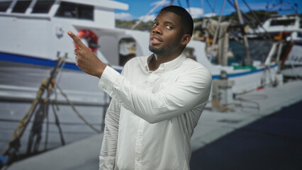 Man points finger at boat on dock in studio, wearing white shirt and beard, turns head with steady gaze; curiosity exploration.