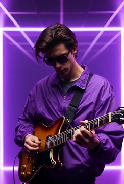 Young Man Playing Electric Guitar with Purple Neon Lights / Joven Tocando Guitarra El&eacute;ctrica con Luces de Ne&oacute;n Moradas