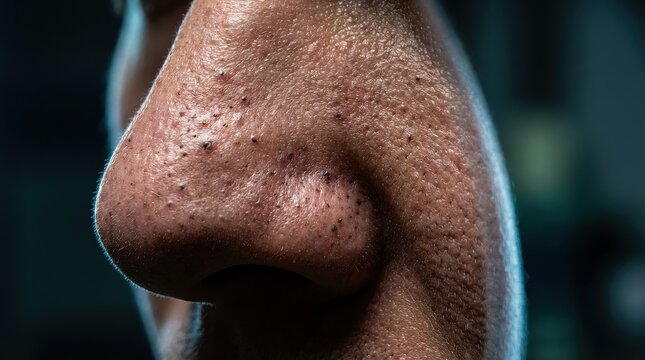 Close-up of human nose with blackheads and large pores
