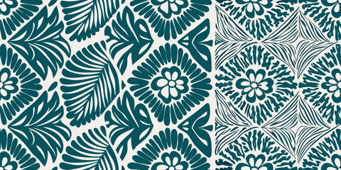 Intricate teal and white floral pattern seamlessly repeating across the image