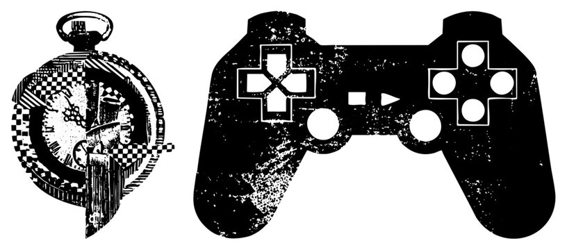Vintage Pocket Watch and Retro Game Controller Silhouettes