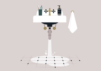 Water cascades from a leaky sink onto the tiled floor, creating a small puddle, Nearby, toiletries and a towel hint at a casual everyday life © nadia_snopek