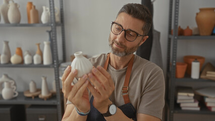 Man inspecting a small ceramic vase with hands in studio surrounded by shelves and pots;...