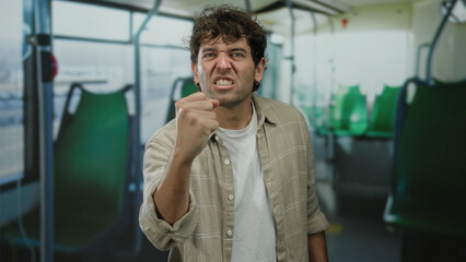Obraz premium Hispanic man expressing anger inside a bus with his fist raised, portraying emotion in a public transport setting.