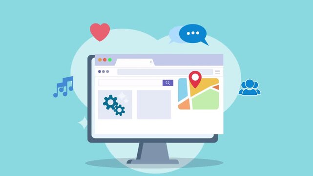 Computer Screen Displaying Social Media Interface with Map and Icons.
