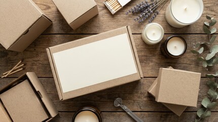 Cardboard box with blank label surrounded by candles