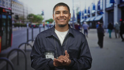 Man with visible badge and id claps hands on a busy city street while smiling, wearing dark jacket...