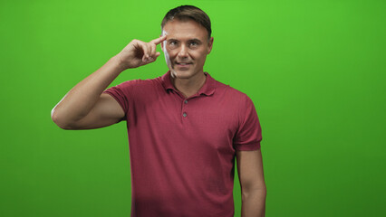 Man with bare forearm pointing finger to temple, wearing red polo, in studio green screen; thinking concentration.