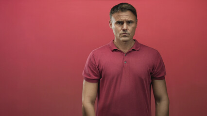 Fototapeta premium Man in red polo shirt stands facing camera with eyes closed and relaxed arms in a studio portrait study; calm introspection.