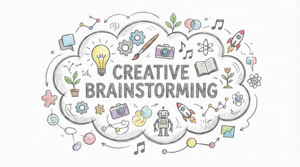 Creative brainstorming concept with light bulb, gears, rocket, robot, camera, music notes, and plant icons cloud shape inspiring innovative ideas