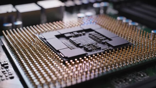 Macro View of a Black Central Processing Unit with Golden Pins Mounted on a Green Circuit Board Computer Component Under Soft Lighting Technology Concept