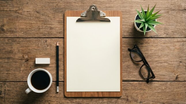 Clipboard with blank paper and office supplies on wooden desk