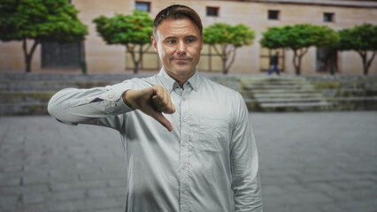 Man showing thumbs down gesture in front of a building on stone steps and plaza beside trimmed...