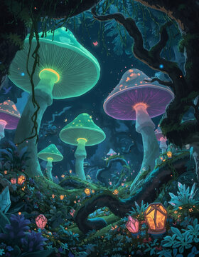 Vertical Shot of a Whimsical Enchanted Forest with Glowing Mushrooms and Crystals (generative ai)
