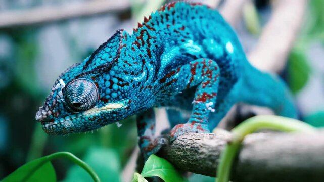 Panther Chameleon Perched on Branch, Vibrant blue and rainbow Colors.