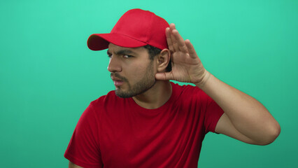 Fototapeta premium Young hispanic man wearing red cap and shirt holds hand to ear for listening with focused gaze against green studio wall; curiosity.