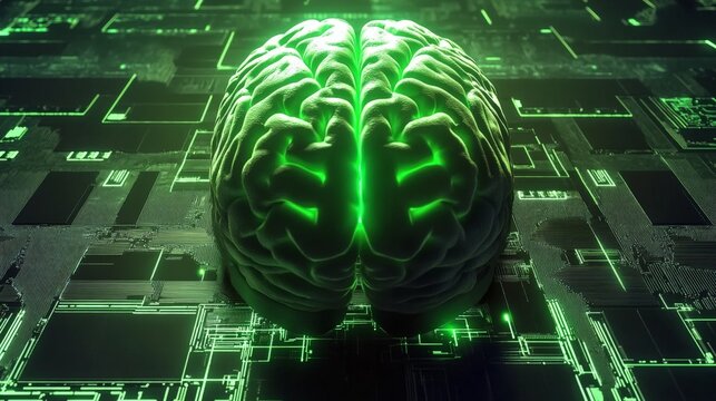 A green brain is on a green background. The brain is surrounded by a green circuit board. The brain is glowing and he is alive - Powered by Adobe