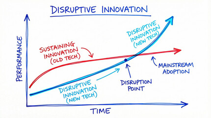 Disruptive innovation curve showing performance over time with sustaining innovation and new technology crossing at disruption point for adoption