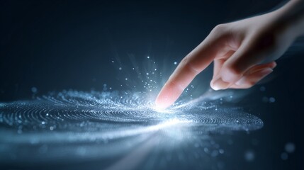 A hand is pointing at a blue and white image with a lot of sparkles. The image has a futuristic and otherworldly feel to it