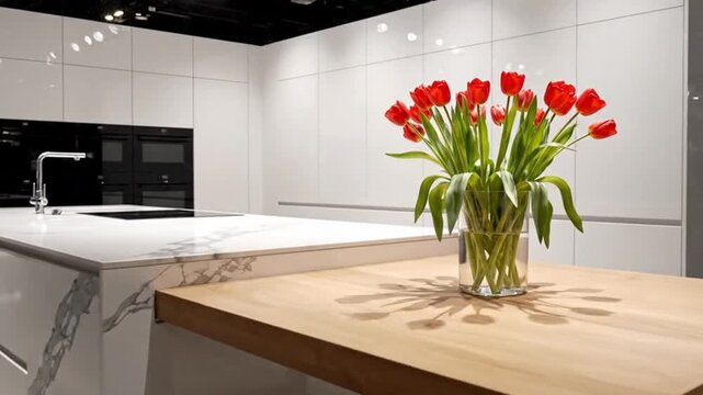 A sleek, modern kitchen interior showcases a luxurious white marble island with a contemporary faucet and integrated sink. A vibrant bouquet of red tulips in a glass vase beautifully adorns an attache