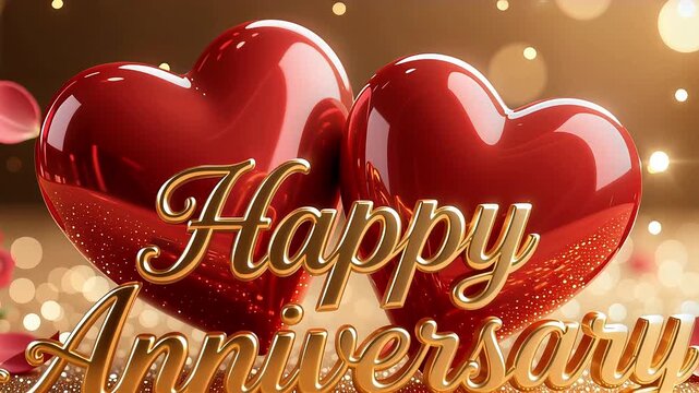 Happy Anniversary golden cursive text animation with red hearts and festive glowing background
