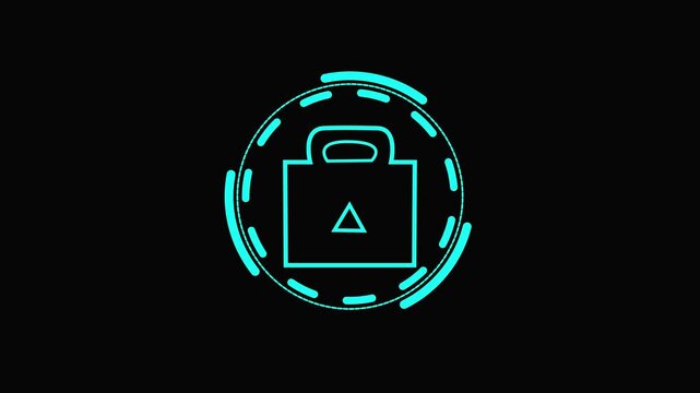 Cyan outline of a briefcase with a triangle inside a circular futuristic HUD element on a animated black background