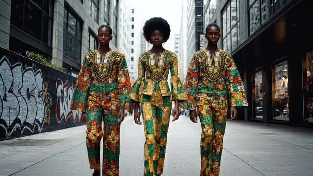African Models Strutting Urban Street in Vibrant Cultural Attire