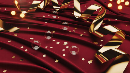 Luxury red silk background with gold ribbons and party confetti