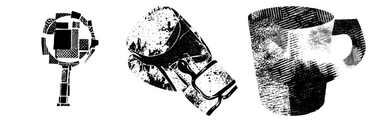 Vintage Microphone, Boxing Glove, and Mug in Halftone Vector Design