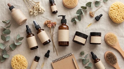 Natural skincare products and botanical elements arranged flatlay