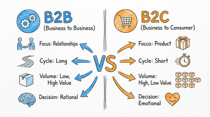 B2B and B2C comparison infographic showing business to business focus relationships and rational decisions versus business to consumer focus