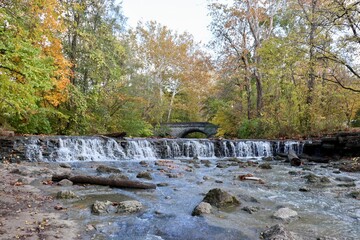 Fototapeta premium The flowing waterfall in the park on a autumn day.