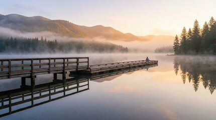 Muelle de madera que se adentra en un lago tranquilo con niebla y monta&ntilde;as al amanecer, reflejando el paisaje sereno y los &aacute;rboles en el agua en calma.