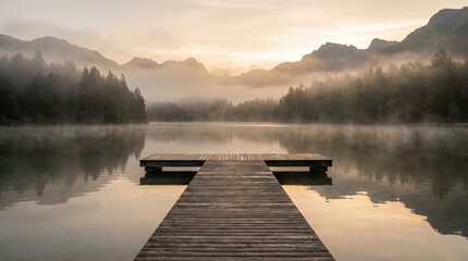 Muelle de madera que se adentra en un lago tranquilo con niebla y monta&ntilde;as al amanecer, reflejando el paisaje sereno y los &aacute;rboles en el agua en calma.